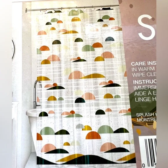 Serenity Splash Geometric Peva Shower Curtain Golden Yellow Blue Rust Red Spa - Picture 2 of 8